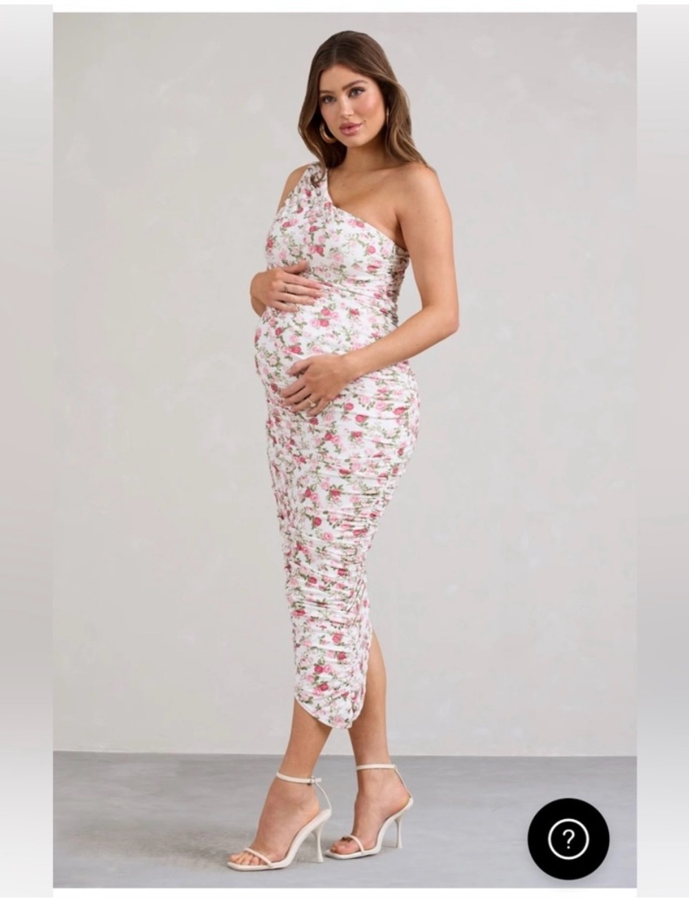 One-Shoulder White Maternity Dress with Pink Floral Print
